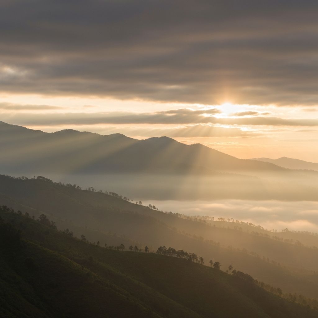 Matahari terbit di atas pegunungan tropis yang berkabut