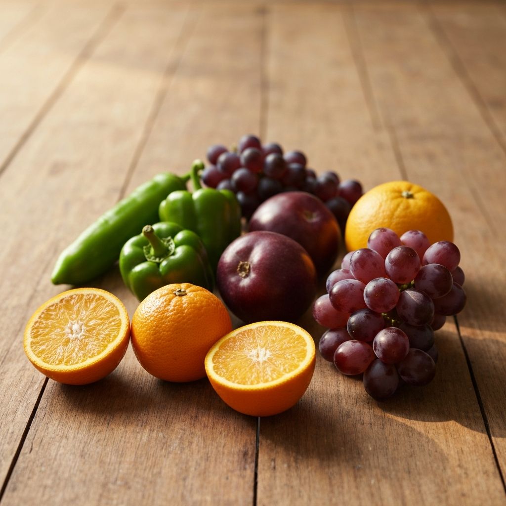 Buah dan sayuran tropis segar di atas meja kayu alami